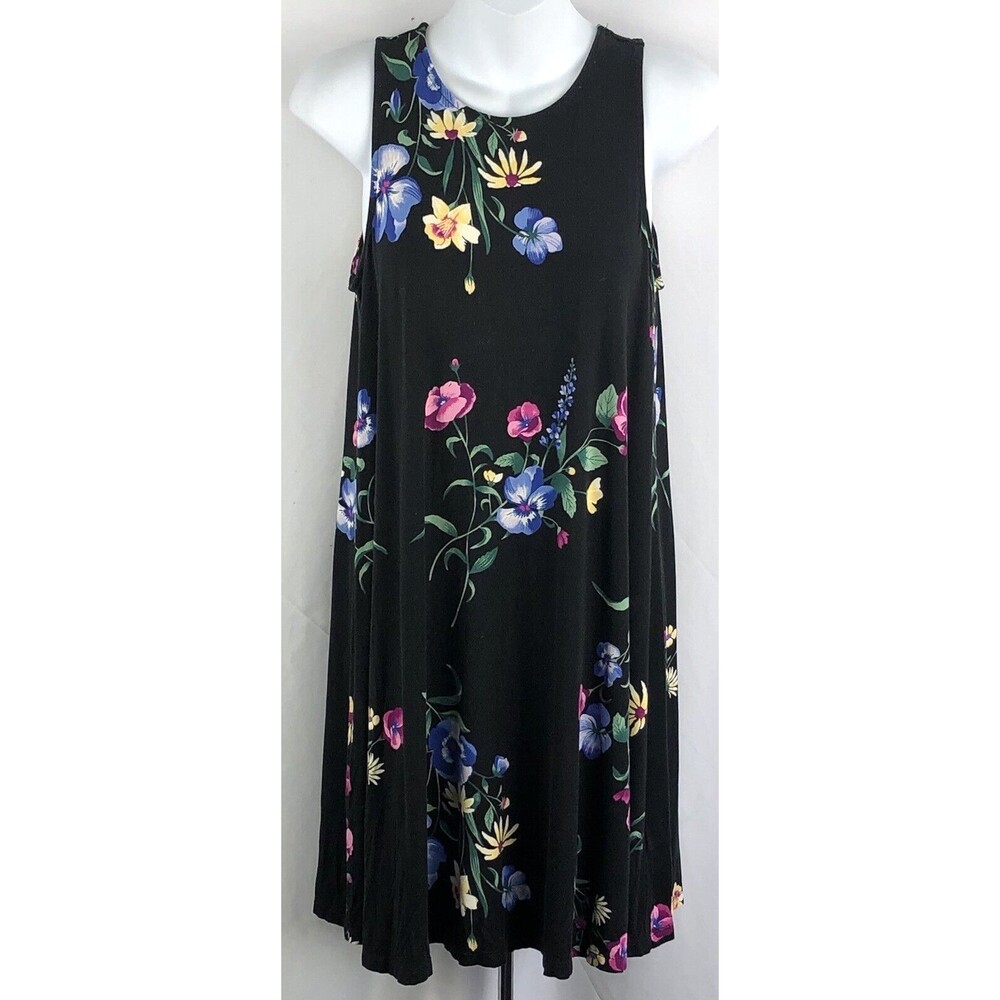 Vintage Sleeveless A Line Slip Dress S Blk Floral Knee Length Summer Wedding Y2K